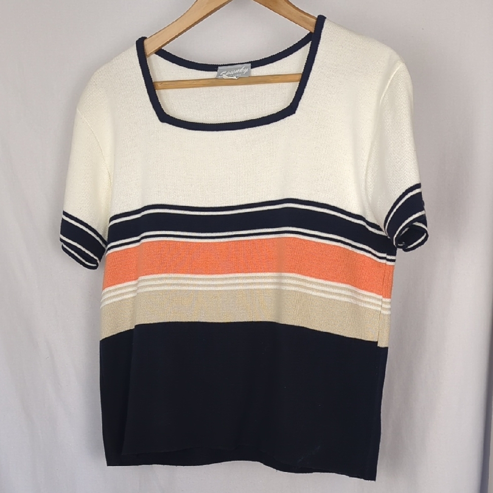VINTAGE Spunky Women's Short Sleeve Sweater Blouse Orange Blue